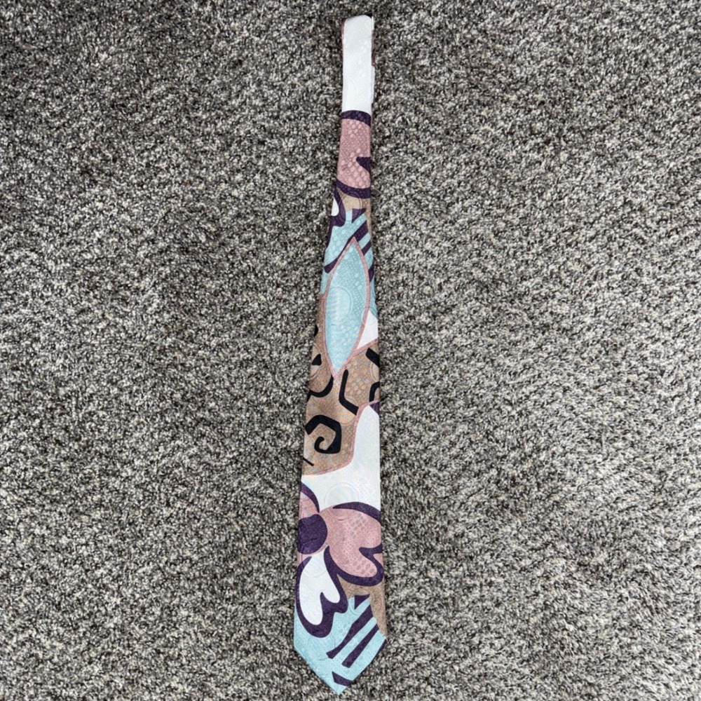 Vintage Pierre Balmain Paris Silk Blend Tie Abstract Floral Blue Purple